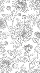 Detailed Chrysanthemum Flower Line Art Pattern for Textile and Wallpaper Design.