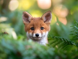 Obraz premium Adorable fox kit peeks out from ferns in a sun-dappled forest scene