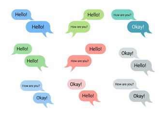 Chat bubbles in various colors contain greetings like Hello How are you and Okay scattered on a white background