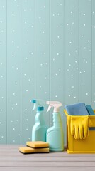 Cleaning Supplies Sponges Spray Bottles Left Side Light Green Wooden Background