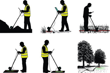 Ground penetrating radar operator scanning terrain, rocky, grassy, wooded, cultivated, paved, plain surface, safety vest, helmet, subsurface detection, vector illustration