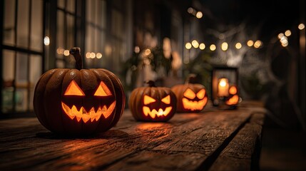 Glowing Halloween Pumpkin Lantern on Wooden Table at Night with Spooky Atmosphere and Warm Orange Light
