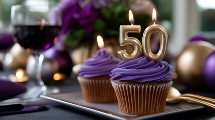 Elegant 50th Birthday Party Celebration with Cupcakes and Purple Decor