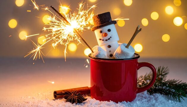 Funny marshmallow snowman in red cup of hot chocolate and sparklers. Cute winter treat holiday cocoa drink with festive decoration and sparkle.
