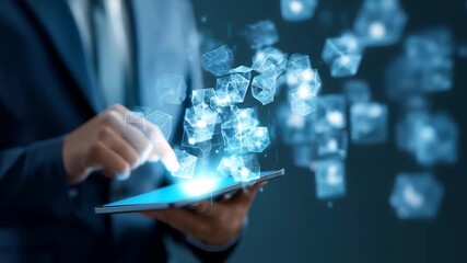 Businessman engaging with blockchain technology data encryption through digital interface in a modern workspace with a dark background - Powered by Adobe