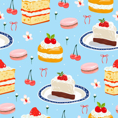 Cute Dessert Seamless Vector Pattern with Cake, Pastry, Eclair, Macaroon, Berries, Flowers, and Ribbons — Modern Hand-Drawn Pastel Blue Design for Fabric, Wrapping Paper, and Stationery