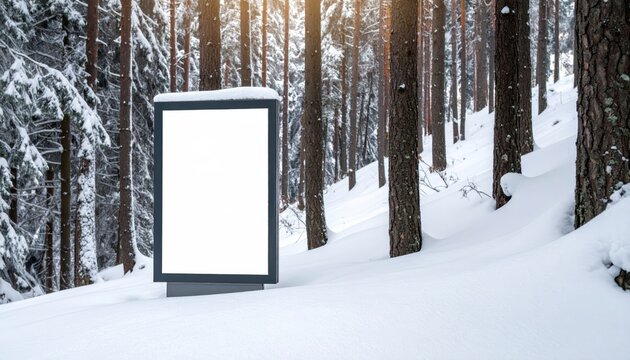 Empty poster in forest at winter. blank mockup advertising banner in ski resort snow. Advertise promotion board amidst woodland during cold season. display area for message wintertime.