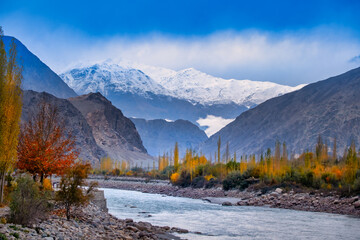 Beautiful autumn landscape with colorful trees in the mountains valley of skardu, gilgit baltistan, Pakistan