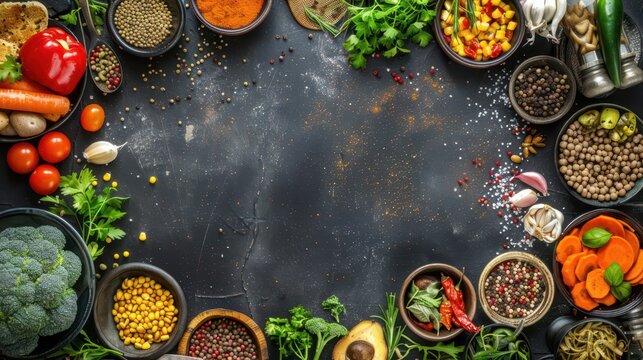 Fresh plant-based ingredients for world vegan day celebration design. Template with fresh vegetables. Horizontal banner. Copy space. Healthy Food. World Vegetarian Day - Powered by Adobe