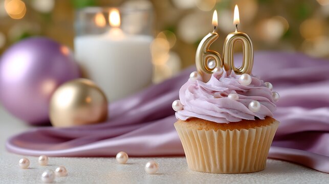Celebratory Cupcake with Gold Number 60 Candle on a Festive Table Setting