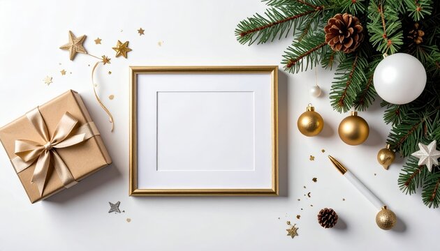 Elegant Xmas gift blank frame fir sprigs baubles Festive holiday flatlay White backdrop holiday background top view. Perfect christmas present idea empty border evergreen branch