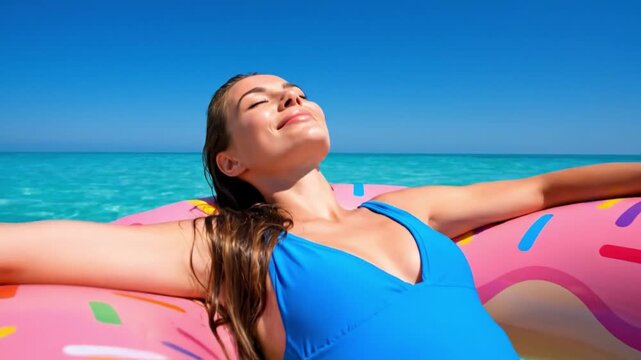 Woman relaxing on inflatable donut float in clear blue water