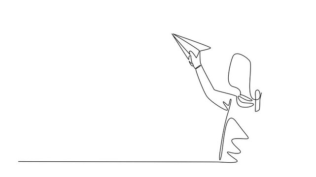 Self drawing animation of continuous one line drawing boy wearing pilot helmet and holding paper airplane. Aspiring pilot flying his first toy plane. National Paper Airplane Day. Full length animated