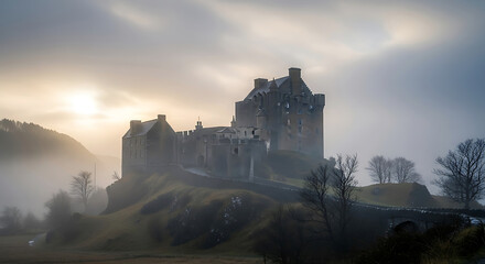 Obraz premium Eilean Donan Castle Emerging from Mist and Fog at Sunrise