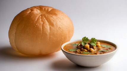 Freshly baked round bread roll next to a savory bowl of indian lentil dal curry with garnish