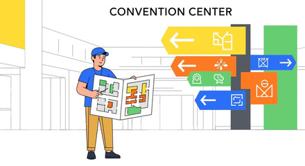 Illustration Of Convention Center Employee Examining A Detailed Blueprint Diagram Professionally