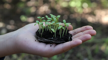 Close up of nurturing hands holding soil with tiny green seedlings sprouting towards sunlight
