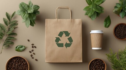 Eco-friendly paper bag with recal and coffee cup symbolizing sustainable products in eco- loyalty loop concept