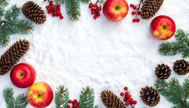 Christmas decoration. Frame of cones pine twigs christmas tree red berries and apples on snow with space for . Top view flat lay. Festive ornament. evergreen branch fruit winter scene - Powered by Adobe