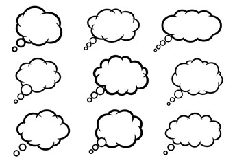Fototapeta premium Nine cloudshaped cartoon speech bubbles in black and white are arranged in a 3x3 grid
