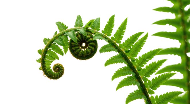 Close up of a vibrant green fern frond unfurling against a bright white background.