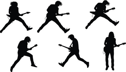 Collection of rock guitarist silhouettes, male musician jumping and posing with electric guitar, dynamic vector illustration set.