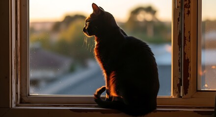 Silhouette cat at window sunset