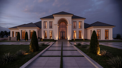 Grand luxury mansion exterior illuminated at dusk with elegant landscaping and pillars