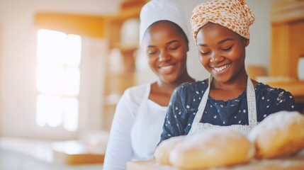In a welcoming kitchen, a mother and daughter happily bake bread together. Their smiles reflect the joy and bond shared in this cherished home activity during the day