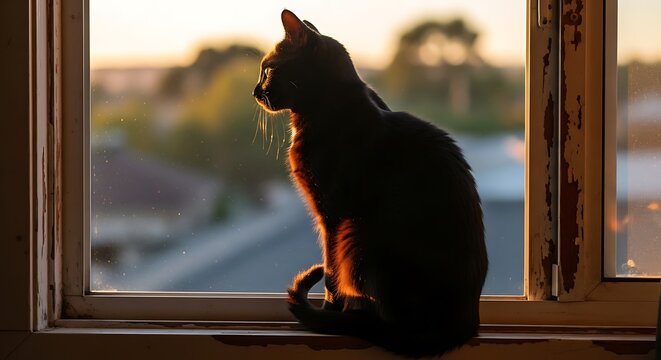 Silhouette cat at window sunset