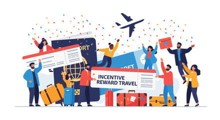 Joyful People Celebrating Travel Incentives and Rewards with Tickets and Luggage