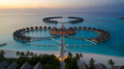 Serene aerial view of a tropical island resort with overwater bungalows at sunset
