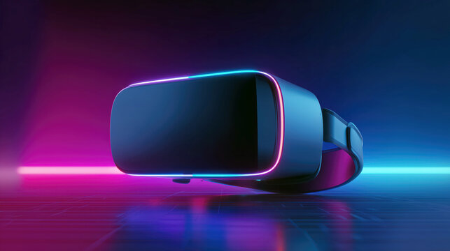 A VR headset with glowing LED accents floats gracefully over a vibrant neon gradient background. Its sleek design highlights the intersection of technology and art in a minimal setting