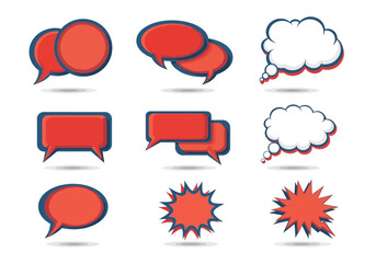 Nine comic speech bubbles are arranged in three rows red and white with blue or red outline