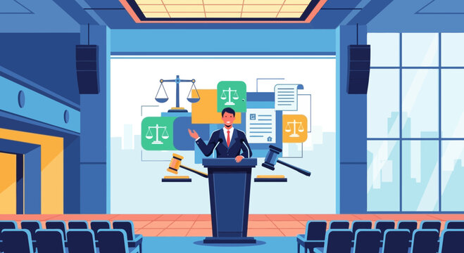 Lawyer Presenting Legal Concepts In Modern Courtroom With Graphics Displayed Effectively