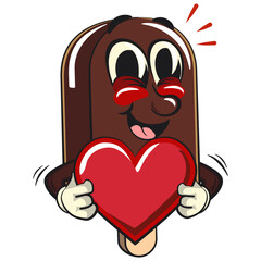 cute chocolate ice cream bar mascot cartoon vector illustration isolated hold the heart with love, work of hand drawn
