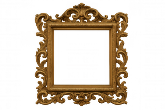 Golden antique frame with ornate baroque details for elegant design element on transparent background