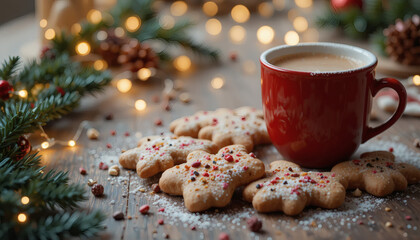 Christmas cookies and hot cocoa on a wooden table, surrounded by fairy lights, cozy festive vibe