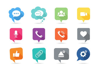 Twelve vibrant social media speech bubble icons with various symbol designs