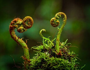 Close-up of fern fiddleheads emerging from mossy growth