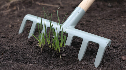 Gardening rake with tines digging into dark soil for planting or preparing garden beds