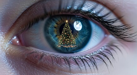 A close up of an eye with a christmas tree reflected in the iris and visible eyelashes detail