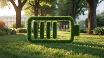 Green energy battery symbol made of lush grass in a sunny park landscape promoting sustainability