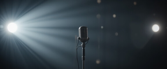 Live music performance stage photo dark environment close-up microphone spotlighting artist