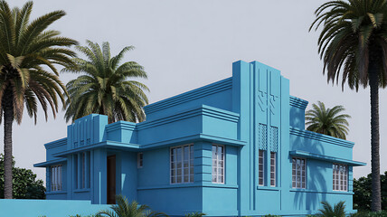 Vibrant turquoise art deco building with palm trees under a bright sky tropical architecture