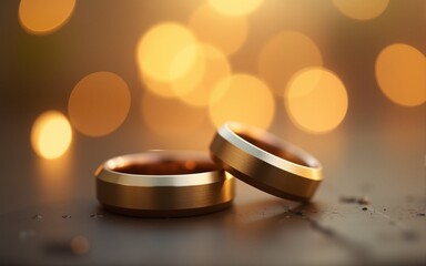A pair of gold wedding rings with bokeh background. High quality