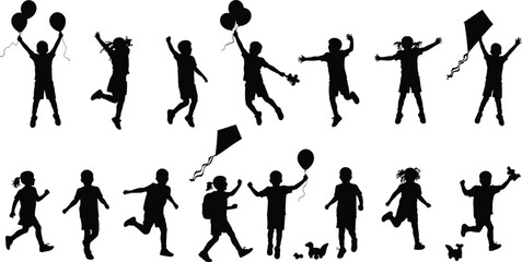 Happy children silhouettes playing outdoors, running, jumping, flying kites, holding balloons, childhood fun and freedom concept vector illustration design for creativity