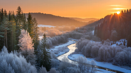 Majestic winter sunrise over snow-covered valley forested mountains and winding river