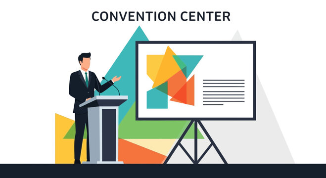 Presentation At A Convention Center With A Businessman Addressing An Audience - Powered by Adobe