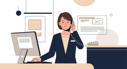 Professional Woman on a Phone Call while Using a Computer Representing Business Communication